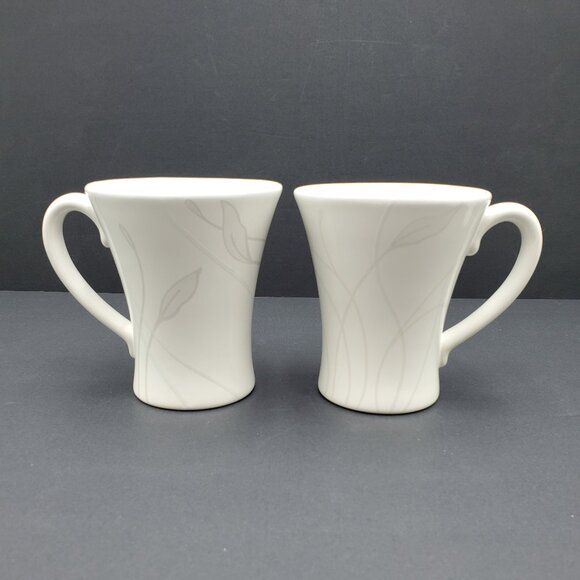 Pfaltzgraff Linea Mugs White Mugs with Gray White Silver Vines & Leaves - Picture 1 of 8